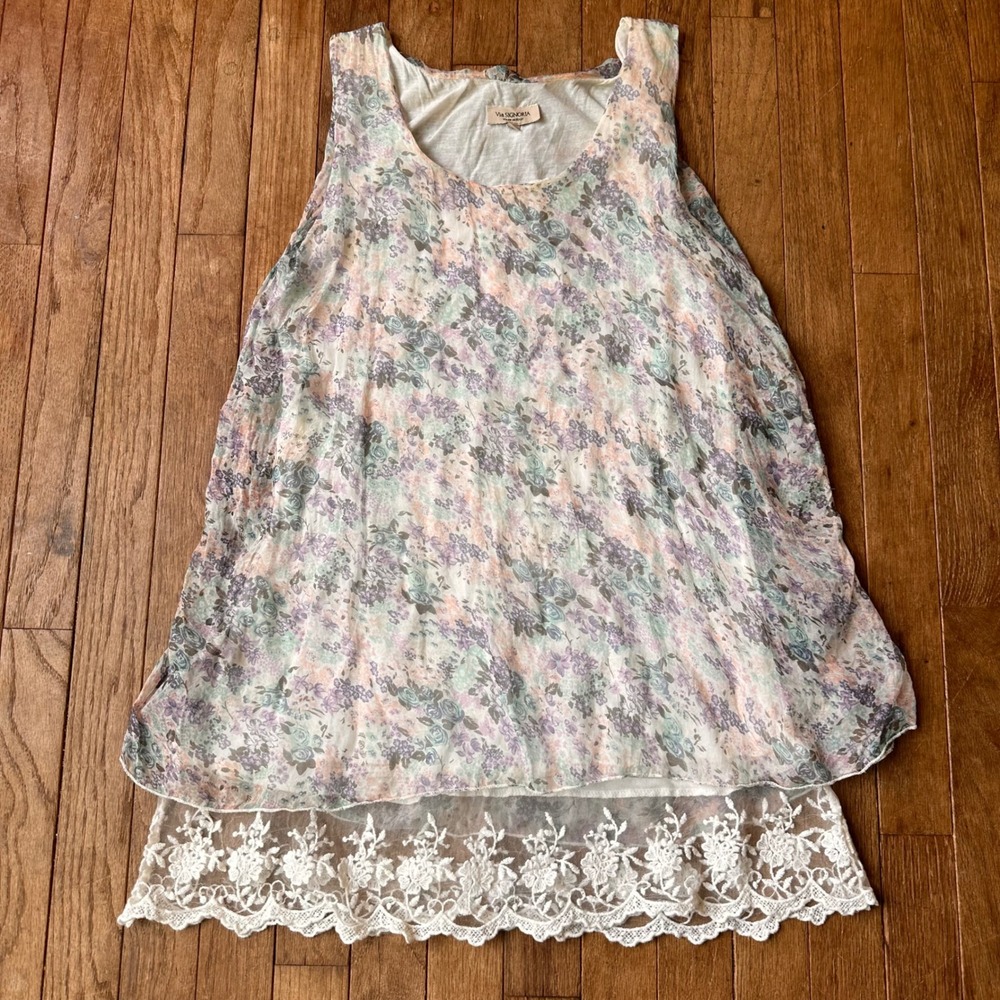 Vintage Silk Floral Lace Blouse Tank Womens Medium Pastel Italy Casual Boho